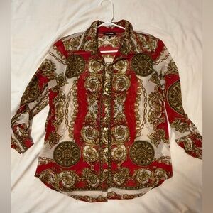 Make an Offer!  Fashion Nova Red, White & Gold Baroque Print Button-Up Blouse